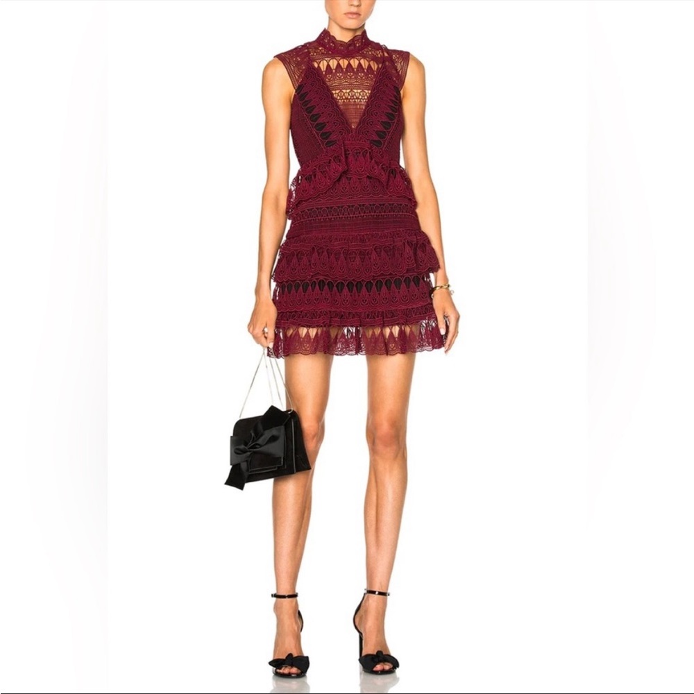 Self Portrait Teardrop Guipure Lace Dress Burgundy